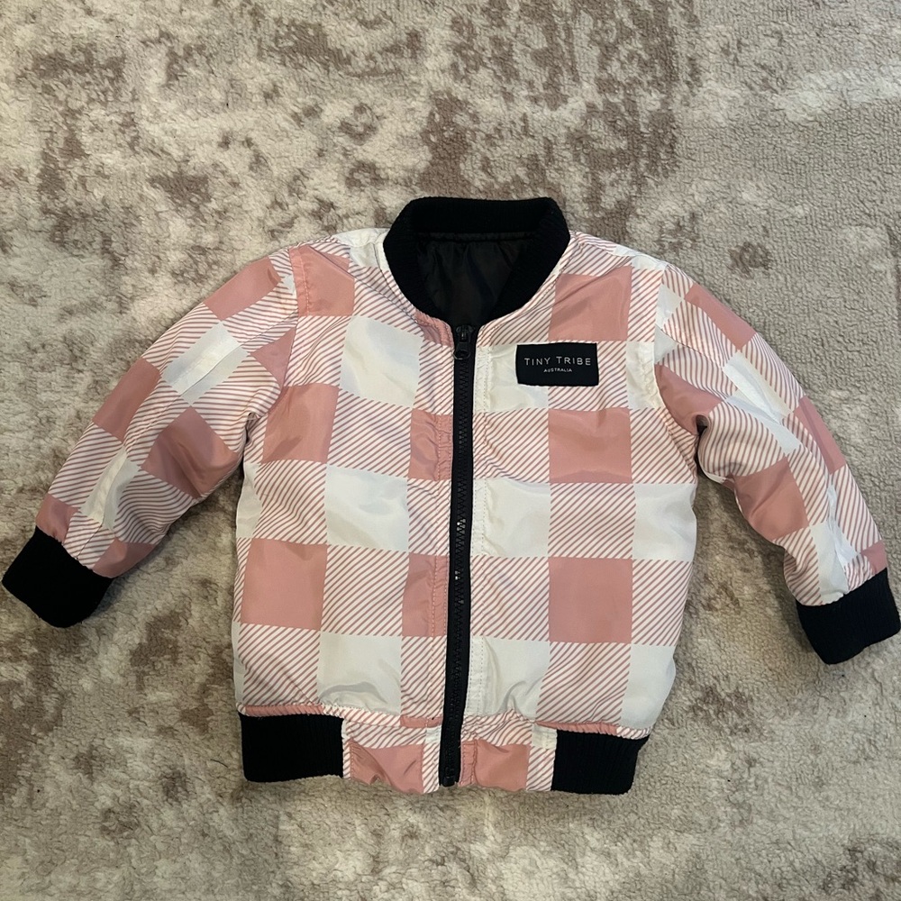 Tiny Tribe Kids Checkered Puffer Jacket - Pink and White